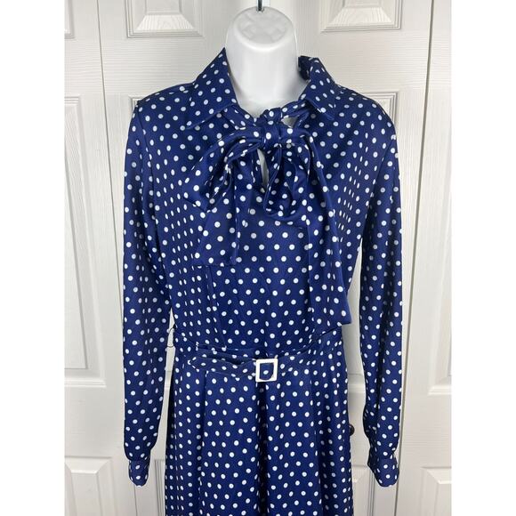 Montgomery Ward 70s does 50s Blue Polka Dot Dress Bow Neck Knit Sz 8 S/M - Picture 8 of 9